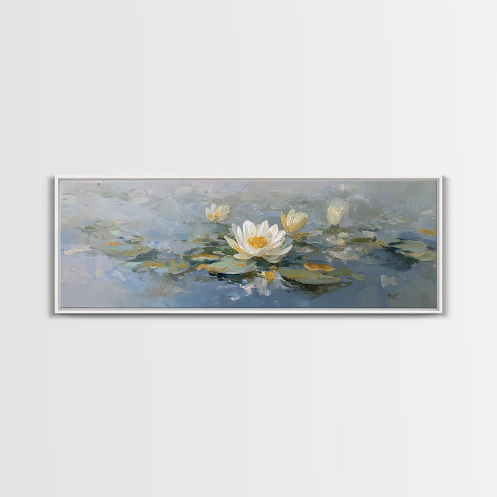 Lotus Flower on Still Water Framed Canvas Print, Waiting Room Art, Wall Sculpture, Waiting Room Decor, Watercolor Art, Calm, WRA-3x1-79
