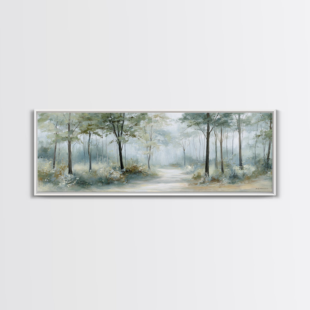Misty Forest Path Framed Canvas Print, Waiting Room Art, Waiting Room Decor, Oil Painting, Calm, Office Wall Art, WRA-3x1-99