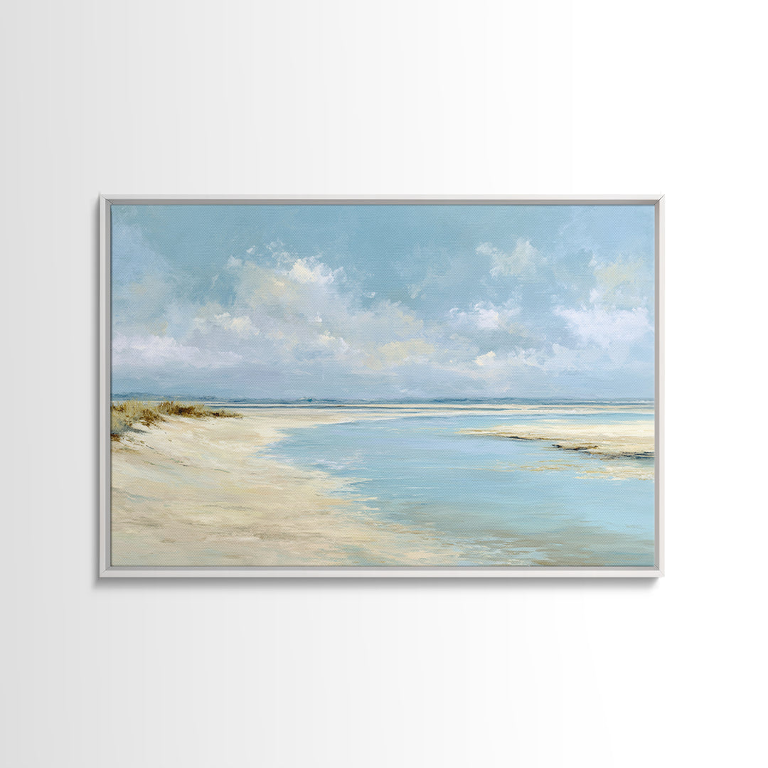 Coastal Horizon with Pale Sand and Water Framed Canvas Print, Waiting Room Art, Minimalist Wall Art, Waiting Room Decor, Calm, WRA-3x2-13