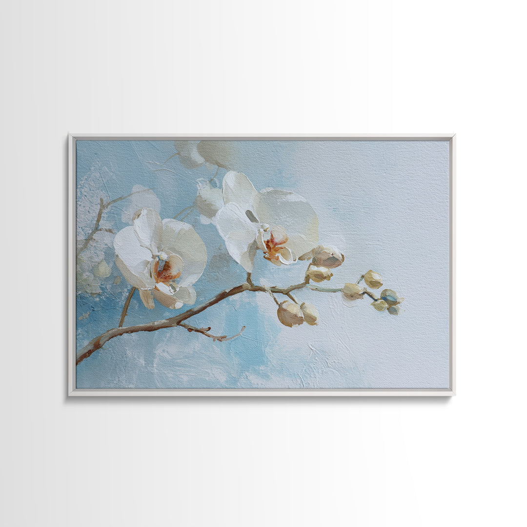 White Orchid on Light Gray Ground Framed Canvas Print, Waiting Room Art, Dental Office Decor, Waiting Room Decor, Calm, WRA-3x2-35