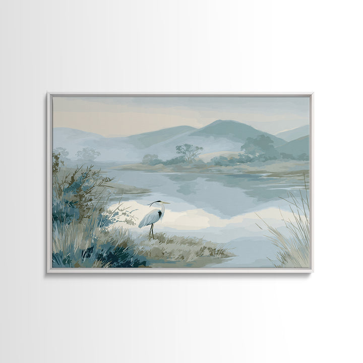 Blue Heron in Quiet Marsh Framed Canvas Print, Waiting Room Art, Landscape, Waiting Room Decor, Oil Painting, Calm, WRA-3x2-40