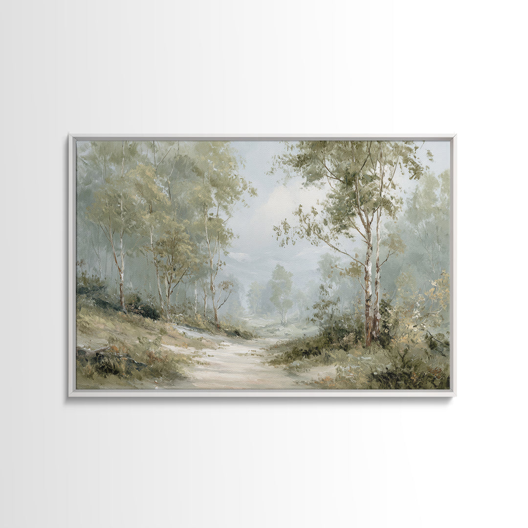 Misty Forest Path Framed Canvas Print, Waiting Room Art, Wall Sculpture, Waiting Room Decor, Oil Painting, Calm, Dog Wall Art, WRA-3x2-63