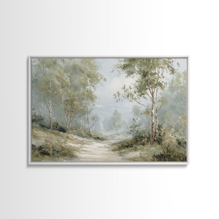 Misty Forest Path Framed Canvas Print, Waiting Room Art, Wall Sculpture, Waiting Room Decor, Oil Painting, Calm, Dog Wall Art, WRA-3x2-63