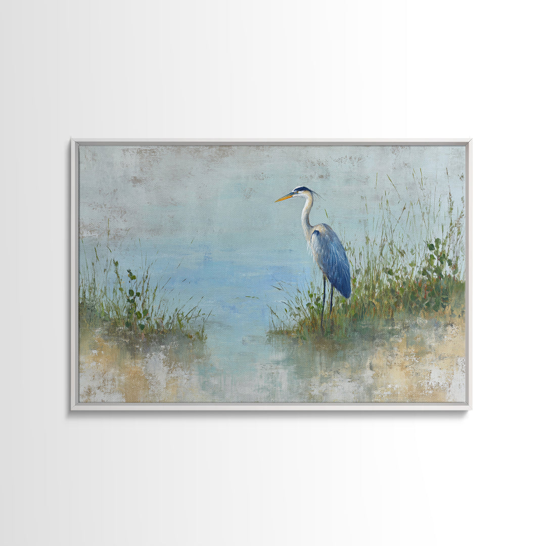 Blue Heron in Quiet Marsh Framed Canvas Print, Waiting Room Art, Gallery Decor, Waiting Room Decor, Abstract Art, Calm, WRA-3x2-64