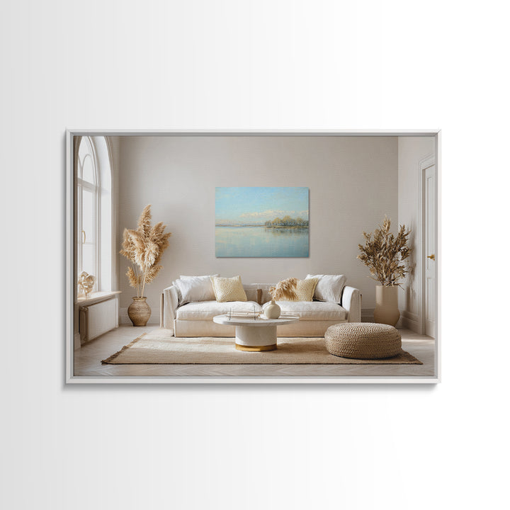Peaceful Lake Reflection at Dawn Framed Canvas Print, Waiting Room Art, Living Room Wall Art, Waiting Room Decor, Calm, WRA-3x2-8
