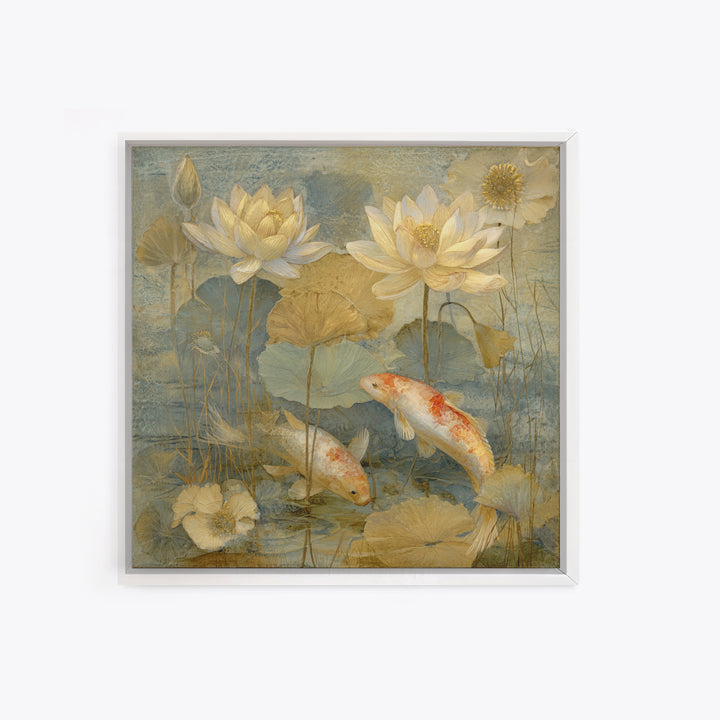 Lotus and Koi Water Scene Framed Canvas Print, Yoga Studio Art, Minimalist Art, Yoga Studio Decor, Fine Art, Balance, YSA-1x1-46