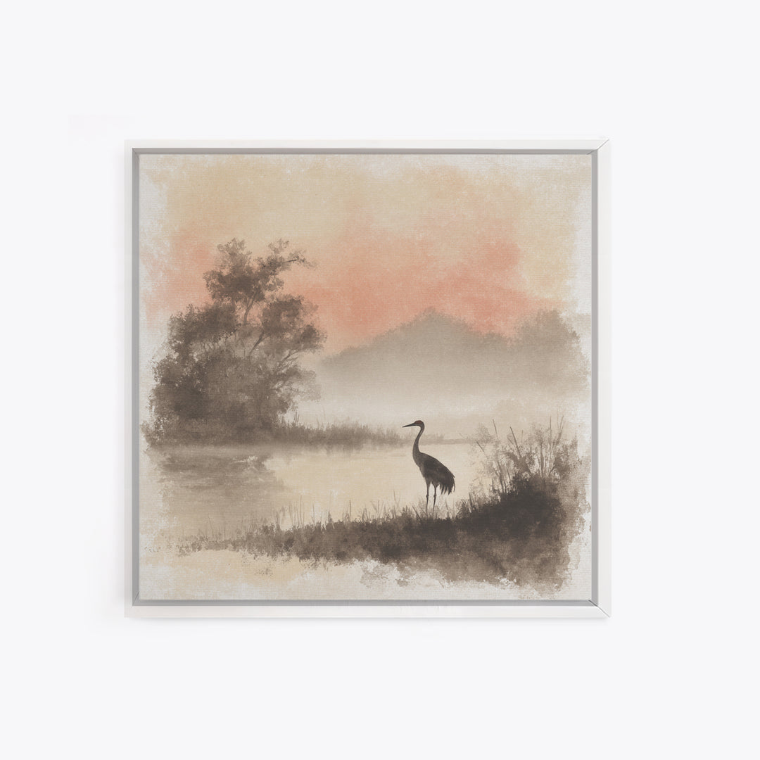 White Crane in Misty Morning Framed Canvas Print, Yoga Studio Art, Gym Art, Yoga Studio Decor, Balance, Minimalist Decor, YSA-1x1-63