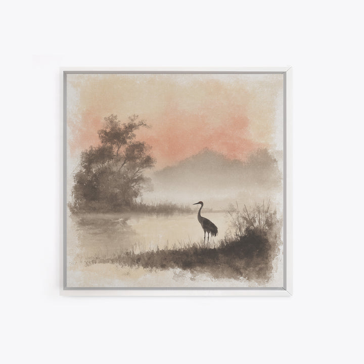 White Crane in Misty Morning Framed Canvas Print, Yoga Studio Art, Gym Art, Yoga Studio Decor, Balance, Minimalist Decor, YSA-1x1-63