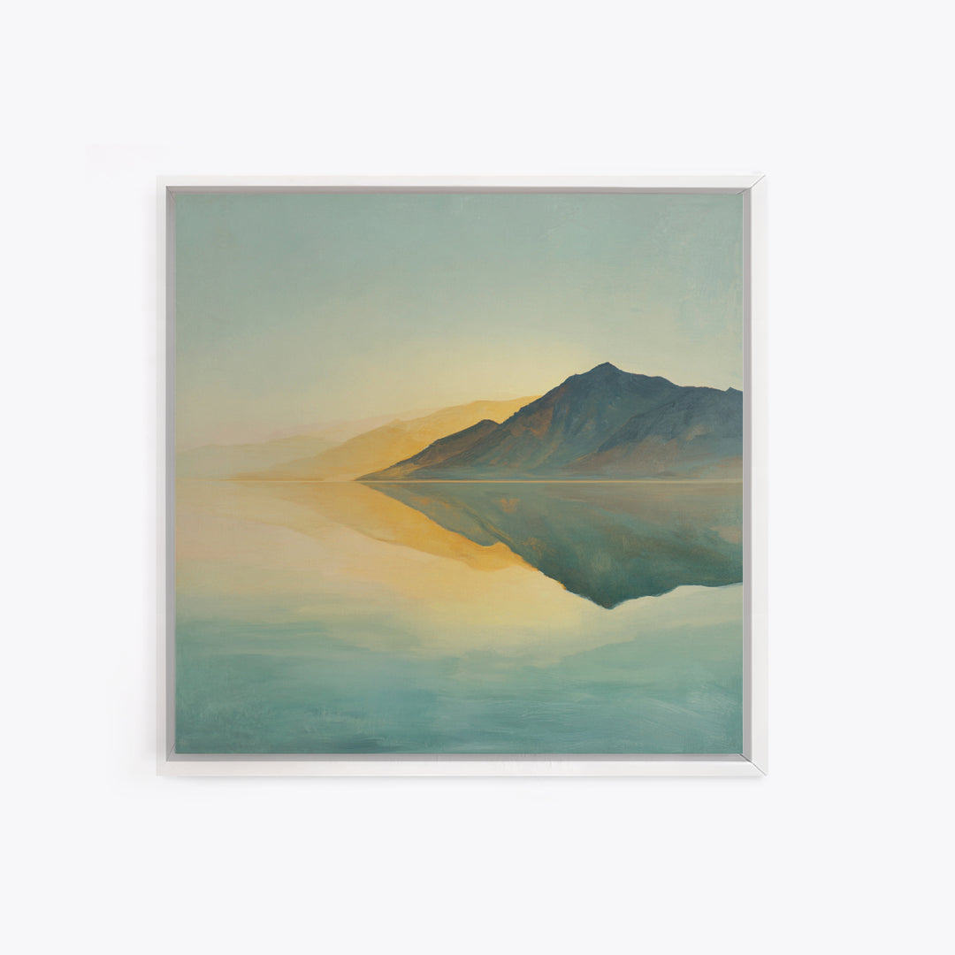 Sunrise Mountain Lake Reflection Framed Canvas Print, Yoga Studio Art, Boho Art, Yoga Studio Decor, Oil Painting, Balance, YSA-1x1-68