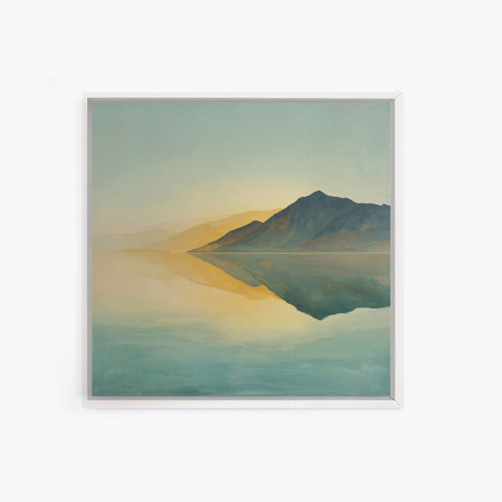 Sunrise Mountain Lake Reflection Framed Canvas Print, Yoga Studio Art, Boho Art, Yoga Studio Decor, Oil Painting, Balance, YSA-1x1-68