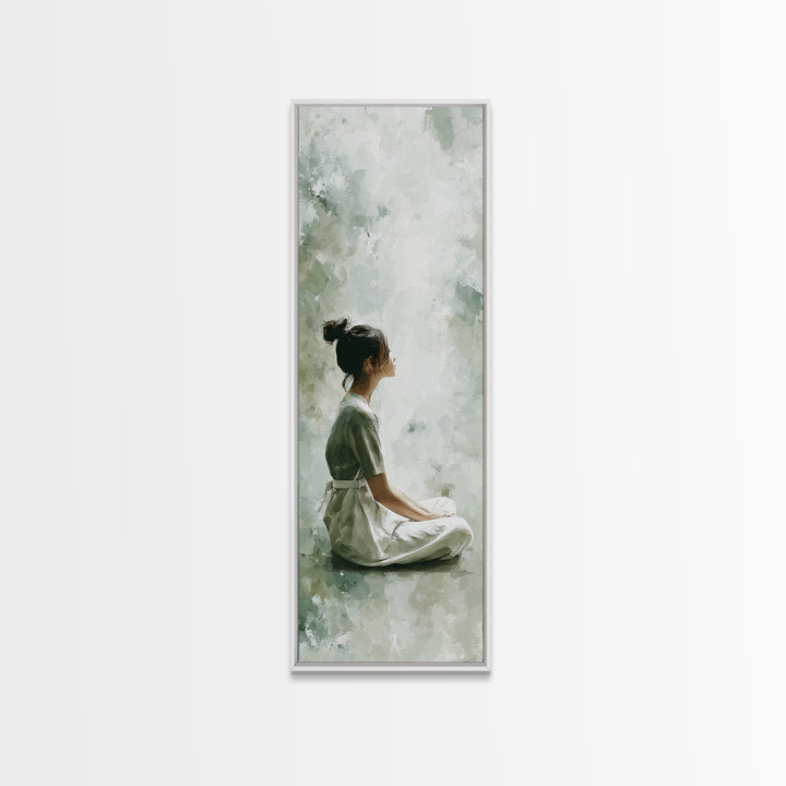 Soft Watercolor Aura Around Seated Figure Framed Canvas Print, Yoga Studio Art, Mandala Wall Art, Yoga Studio Decor, Balance, YSA-1x3-83