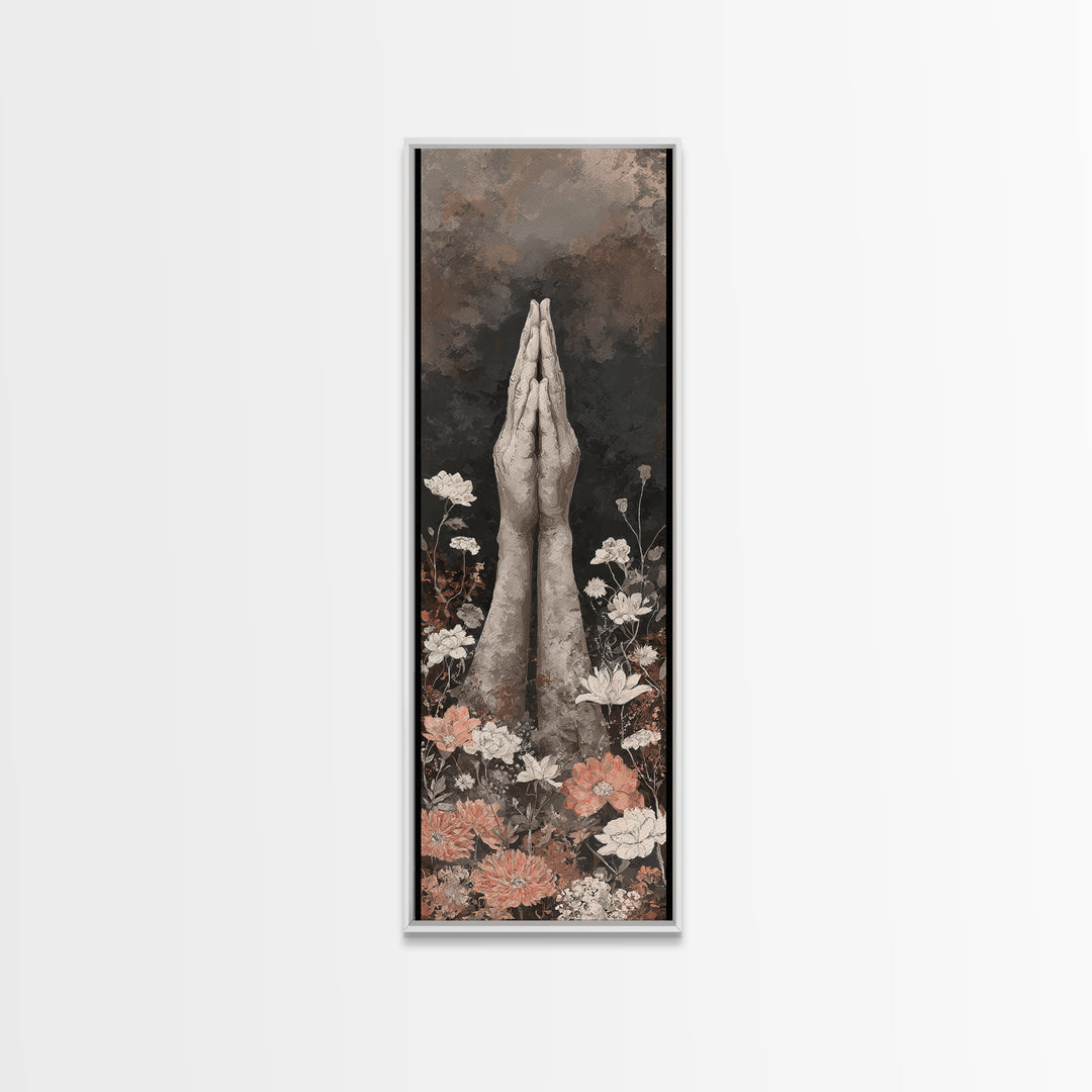 Yoga Hands in Prayer with Small Flowers Canvas Print, Yoga Studio Art, Feminine Wall Art, Yoga Studio Decor, Oil Painting, YSA-1x3-95