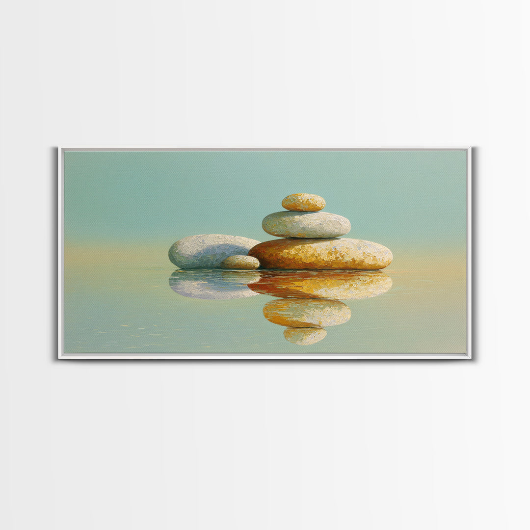 Balanced Stones Beside Calm Water Framed Canvas Print, Yoga Studio Art, Living Room Wall Art, Yoga Studio Decor, Balance, YSA-2x1-72