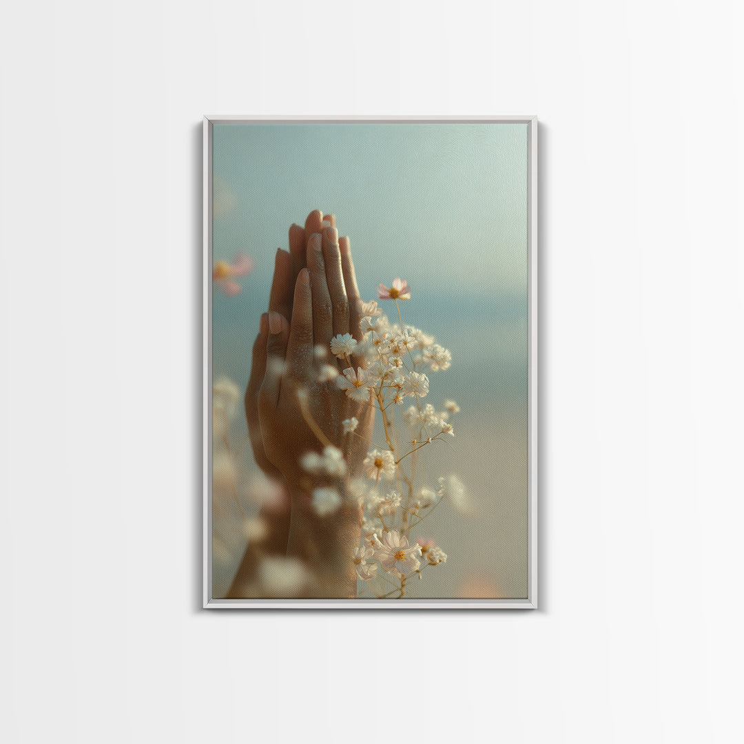 Yoga Hands in Prayer with Small Flowers Framed Canvas Print, Yoga Studio Art, Yoga Studio Decor, Watercolor Art, Balance, YSA-2x3-19