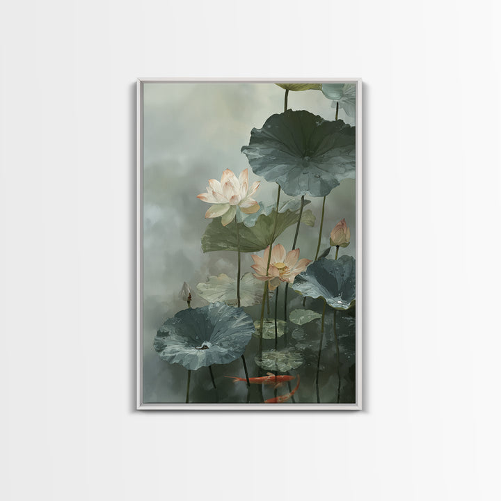 Lotus and Koi Water Scene Framed Canvas Print, Yoga Studio Art, Boho Decor, Yoga Studio Decor, Balance, Bookshelf Decor, YSA-2x3-30