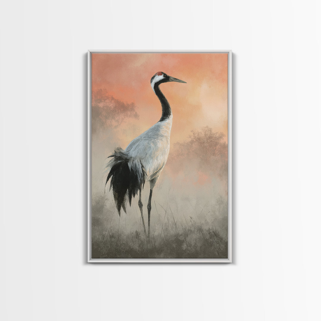 White Crane in Misty Morning Canvas Print, Yoga Studio Art, Mandala Wall Art, Yoga Studio Decor, Oil Painting, Balance, YSA-2x3-95