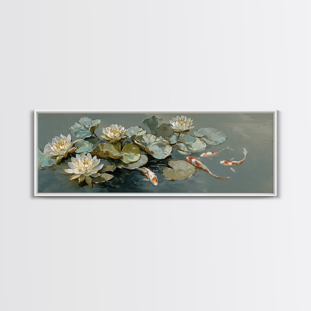 Lotus and Koi Water Scene Canvas Print, Yoga Studio Art, Boho Wall Hanging, Yoga Studio Decor, Fine Art, Balance, YSA-3x1-14
