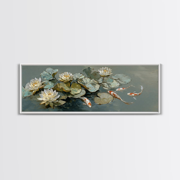 Lotus and Koi Water Scene Canvas Print, Yoga Studio Art, Boho Wall Hanging, Yoga Studio Decor, Fine Art, Balance, YSA-3x1-14