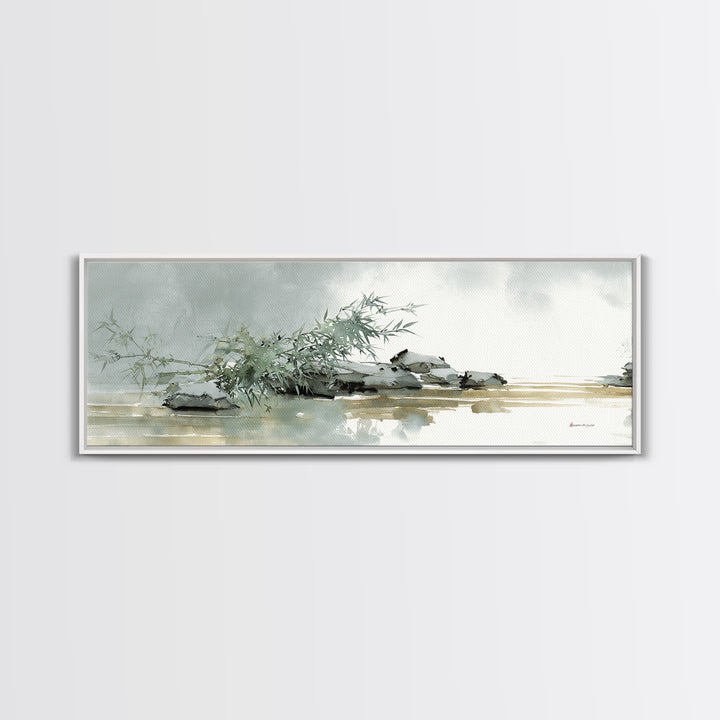 Bamboo and Mist Ink Wash Composition Framed Canvas Print, Yoga Studio Art, Nature Prints, Yoga Studio Decor, Oil Painting, YSA-3x1-74