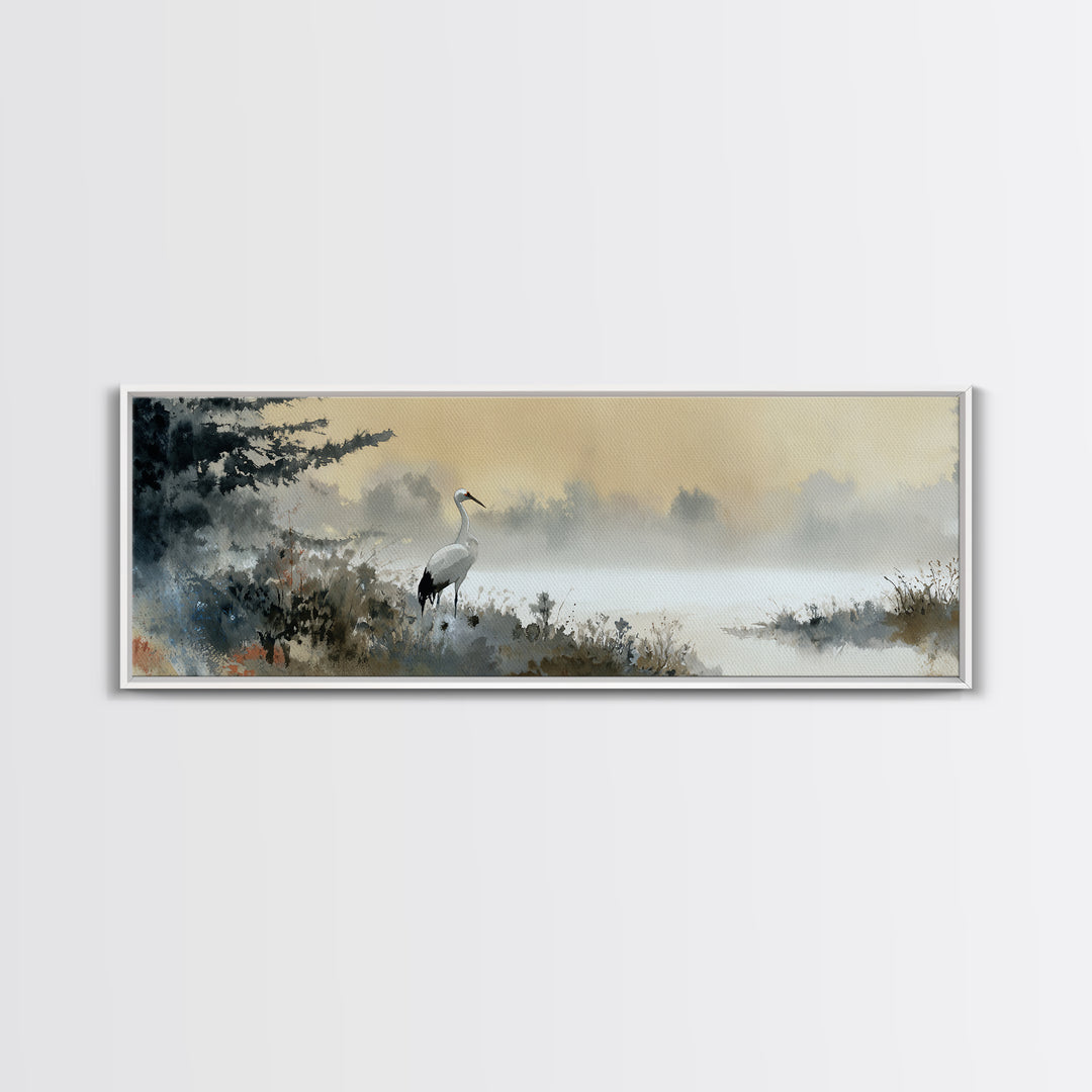 White Crane in Misty Morning Framed Canvas Print, Yoga Studio Art, Minimalist Wall Art, Yoga Studio Decor, Oil Painting, YSA-3x1-79