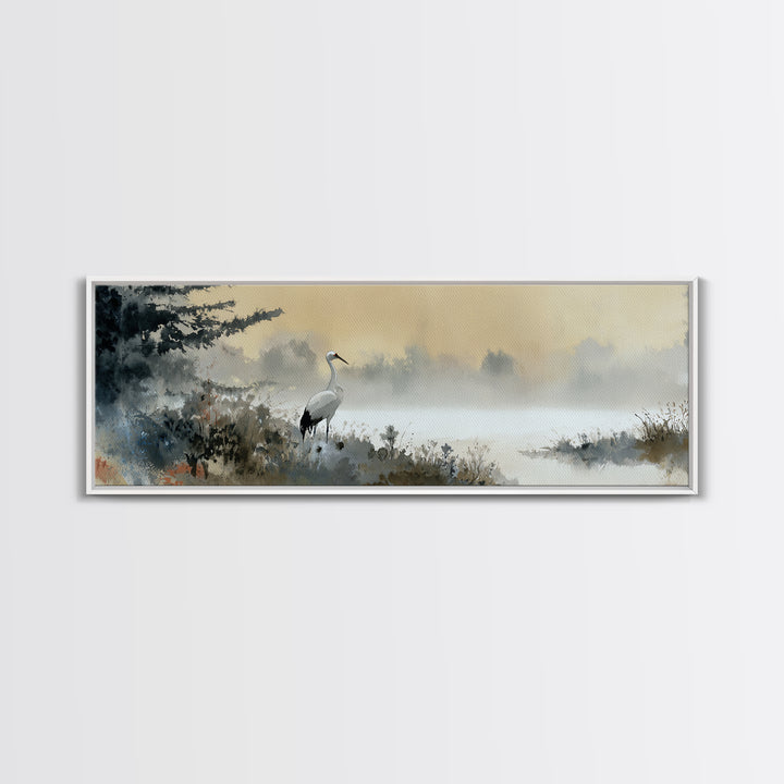 White Crane in Misty Morning Framed Canvas Print, Yoga Studio Art, Minimalist Wall Art, Yoga Studio Decor, Oil Painting, YSA-3x1-79