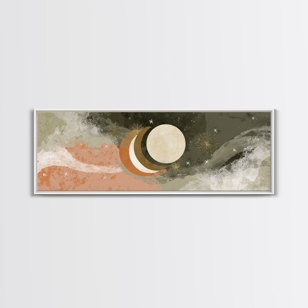 Crescent Moon and Stars Framed Canvas Print, Yoga Studio Art, Metal Wall Decor, Yoga Studio Decor, Fine Art, Balance, YSA-3x1-82