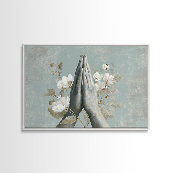 Yoga Hands in Prayer with Small Flowers Canvas Print, Yoga Studio Art, Living Room Wall Art, Yoga Studio Decor, Balance, YSA-3x2-15