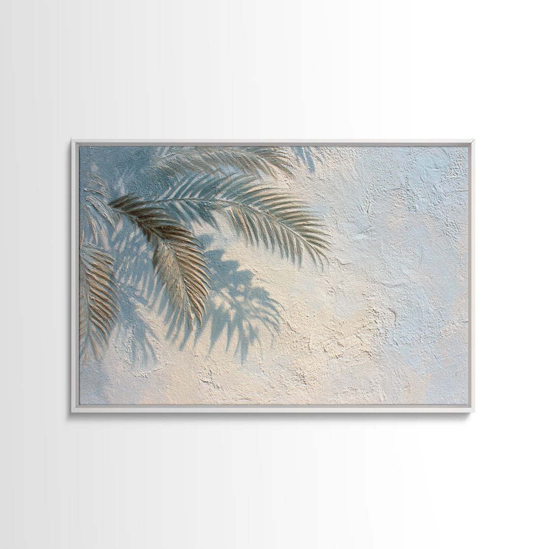 Gentle Palm Leaf Shadow on Plaster Framed Canvas Print, Yoga Studio Art, Minimalist Wall Art, Yoga Studio Decor, Balance, YSA-3x2-28