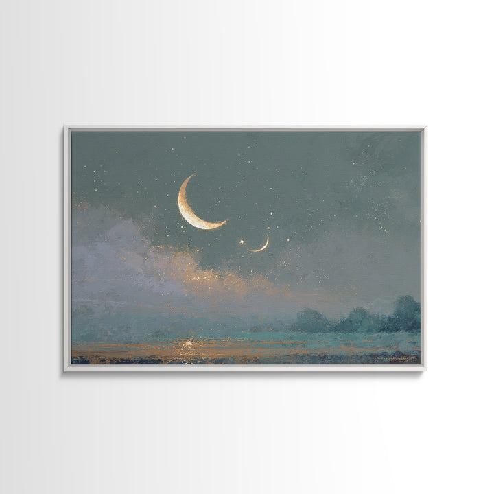 Crescent Moon and Stars Framed Canvas Print, Yoga Studio Art, Large Wall Decor, Yoga Studio Decor, Fine Art, Balance, YSA-3x2-46