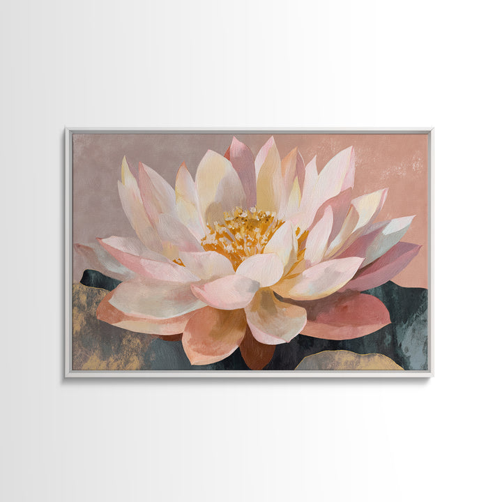 Lotus Flower with Soft Golden Glow Framed Canvas Print, Yoga Studio Art, Yoga Studio Decor, Watercolor Art, Balance, YSA-3x2-55
