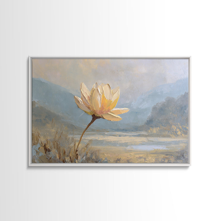 Lotus Flower with Soft Golden Glow Framed Canvas Print, Yoga Studio Art, Feminine Wall Art, Yoga Studio Decor, Watercolor Art, YSA-3x2-79