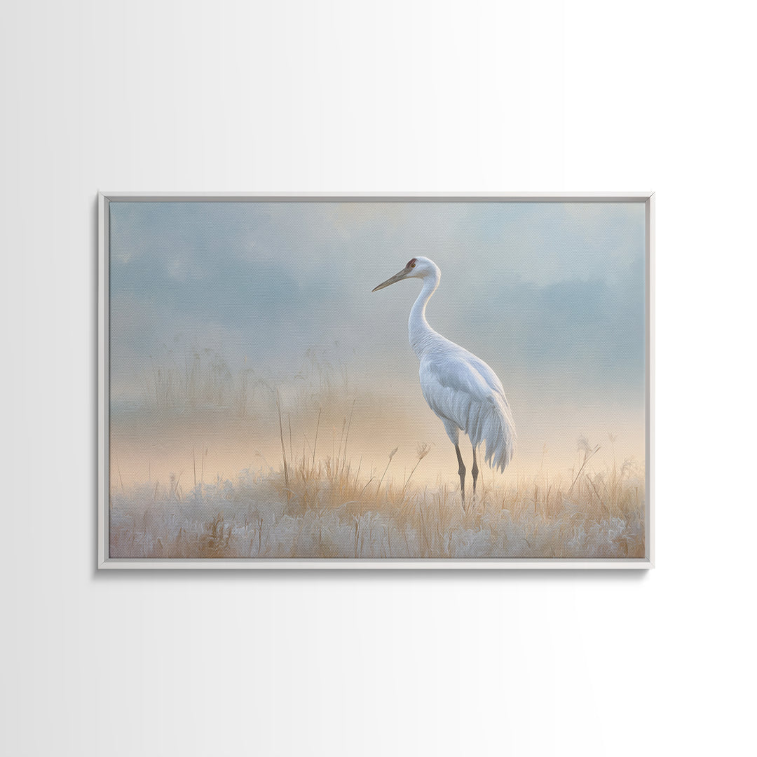 White Crane in Misty Morning Framed Canvas Print, Yoga Studio Art, Art Print, Yoga Studio Decor, Oil Painting, Balance, YSA-3x2-91