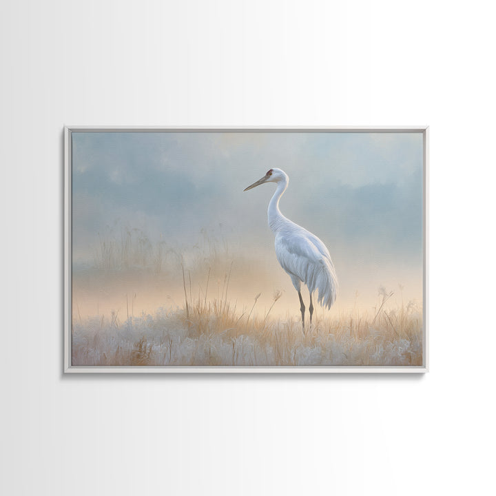 White Crane in Misty Morning Framed Canvas Print, Yoga Studio Art, Art Print, Yoga Studio Decor, Oil Painting, Balance, YSA-3x2-91