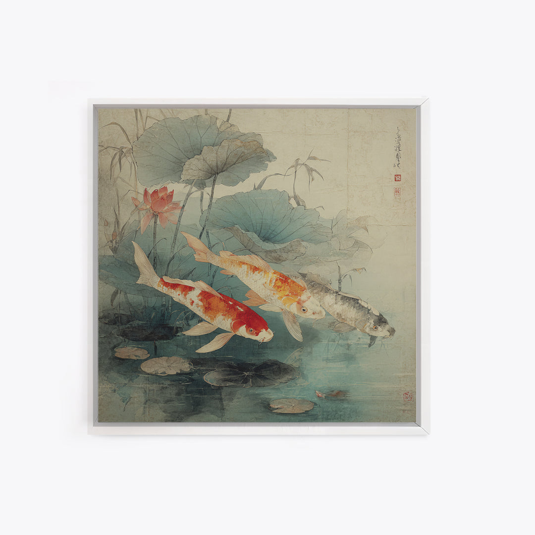 Koi Fish Beneath Floating Lotus Leaves Framed Canvas Print, Zen Art, Metal Wall Art, Living Room Decor, Oil Painting, Zen, ZEN-1x1-28