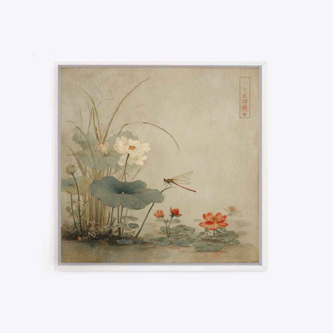 Dragonfly over Lotus Pond Framed Canvas Print, Zen Art, Japandi Wall Art, Living Room Decor, Fine Art, Zen, Neutral Decor, ZEN-1x1-64