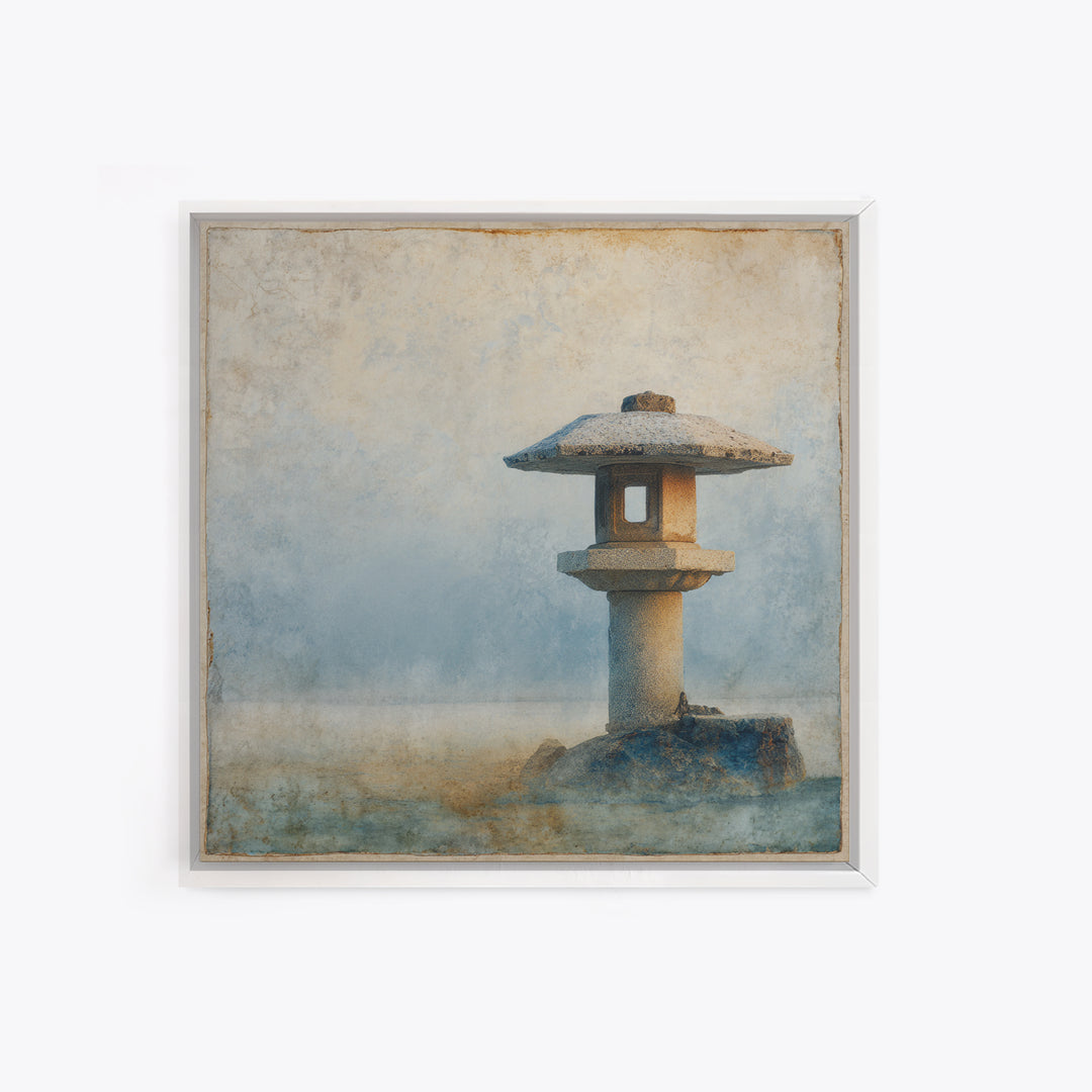 Stone Lantern in Morning Fog Without Garden Framed Canvas Print, Zen Art, Contemporary Art, Living Room Decor, Fine Art, Zen, ZEN-1x1-66
