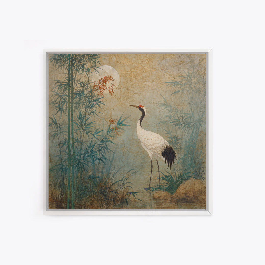White Crane Standing Framed Canvas Print, Zen Art, Luxury Decor, Living Room Decor, Oil Painting, Zen, Large Wall Art, ZEN-1x1-79