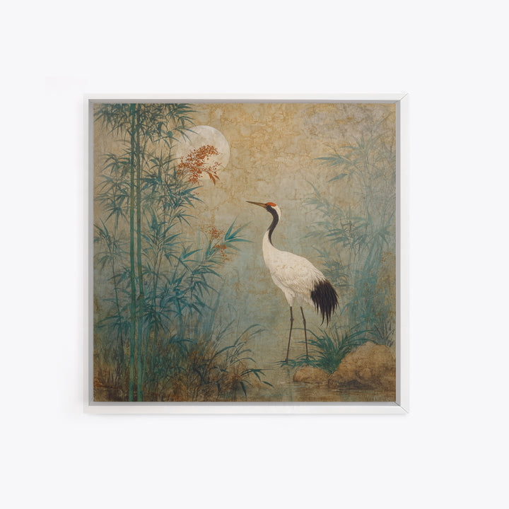 White Crane Standing Framed Canvas Print, Zen Art, Luxury Decor, Living Room Decor, Oil Painting, Zen, Large Wall Art, ZEN-1x1-79