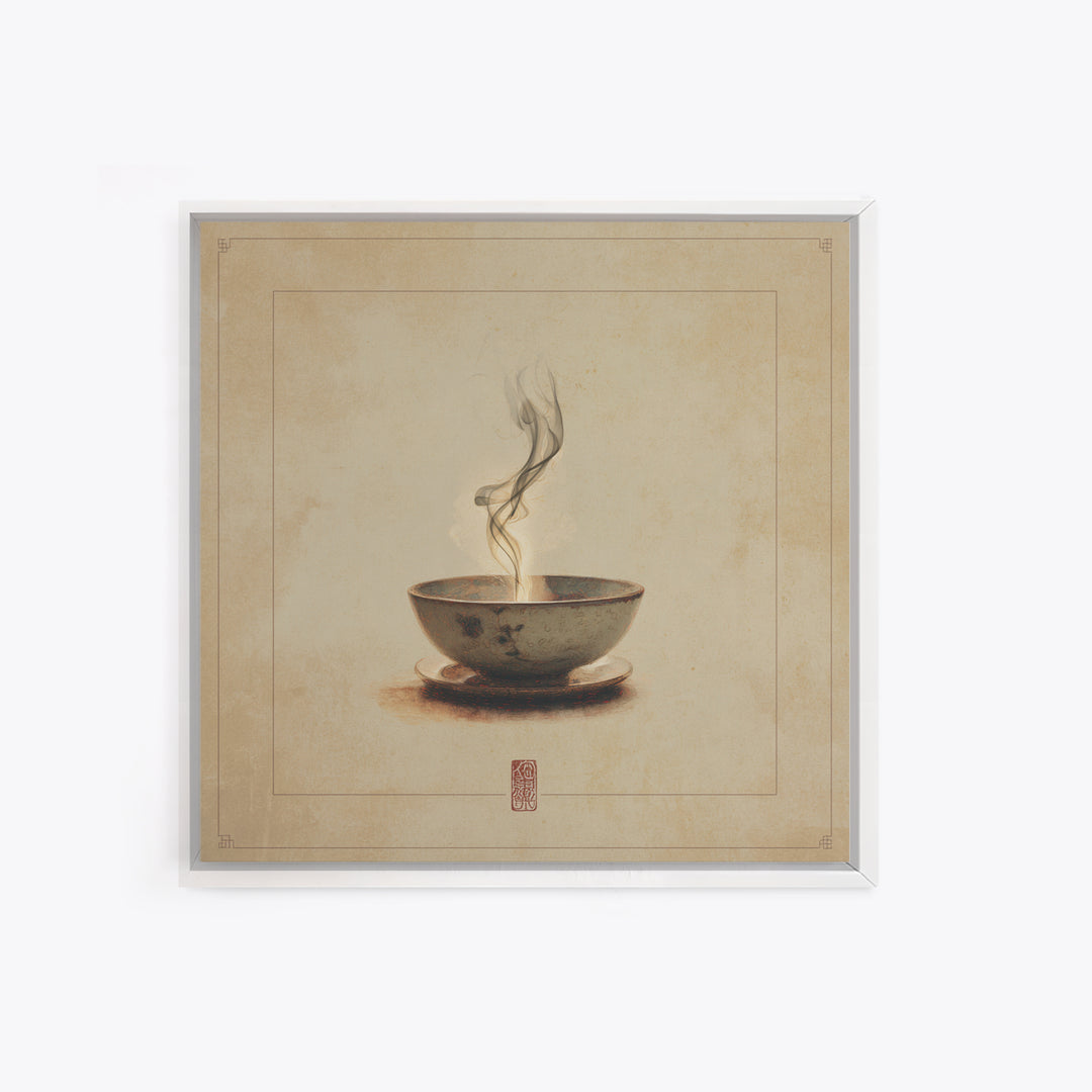 Tea Bowl with Steam Rising Gently Framed Canvas Print, Zen Art, Statement Artwork, Living Room Decor, Fine Art, Zen, ZEN-1x1-80