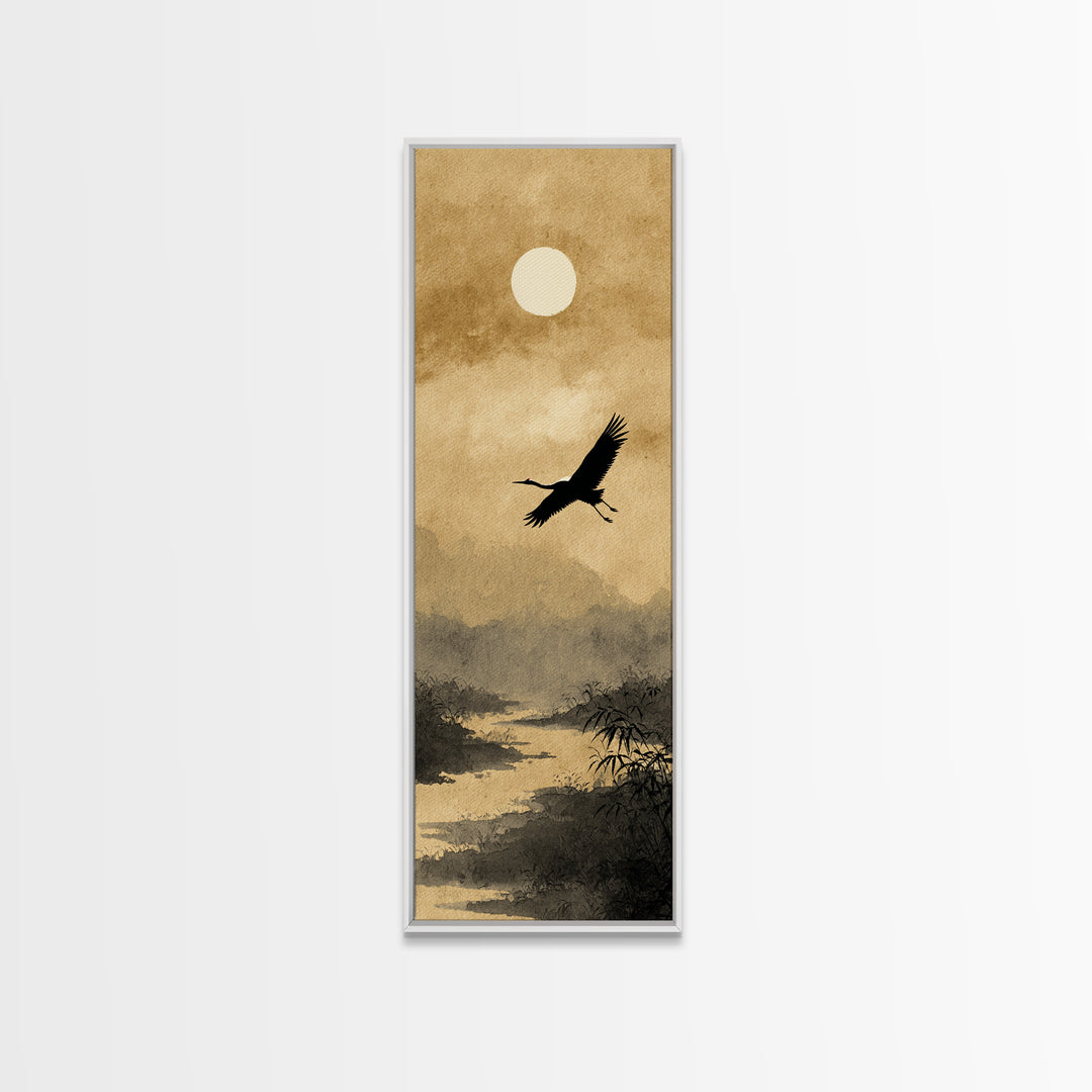Crane Flying Across Pale Sun Canvas Print, Zen Art, Beach Decor, Living Room Decor, Abstract Art, Zen, Modern Decor, ZEN-1x3-60