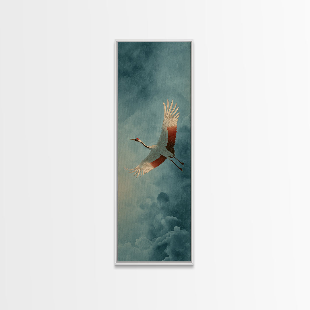 Crane Flying Across Pale Sun Framed Canvas Print, Zen Art, Flower Print, Living Room Decor, Fine Art, Zen, Textured Painting, ZEN-1x3-84