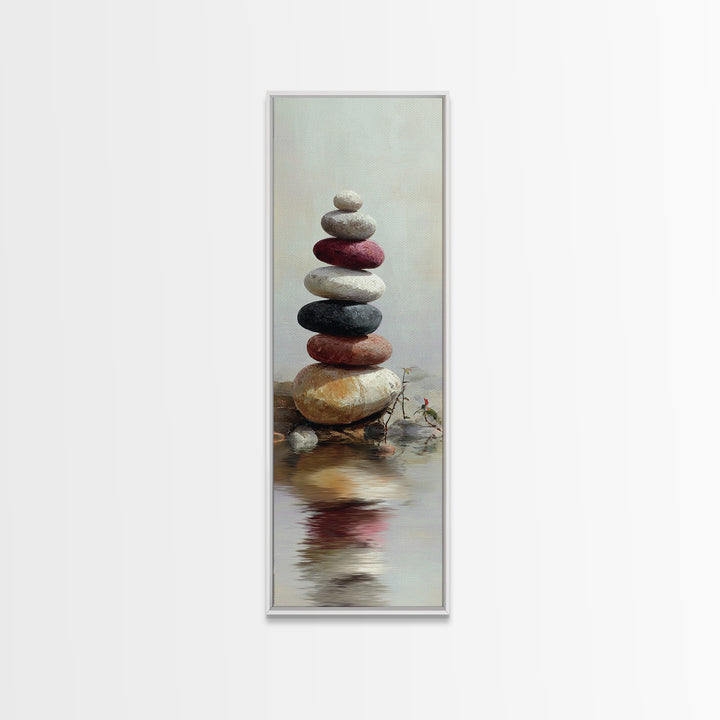 Stacked Stones Beside Still Water Framed Canvas Print, Zen Art, Wall Decor, Living Room Decor, Fine Art, Zen, Japanese Wall Art, ZEN-1x3-87