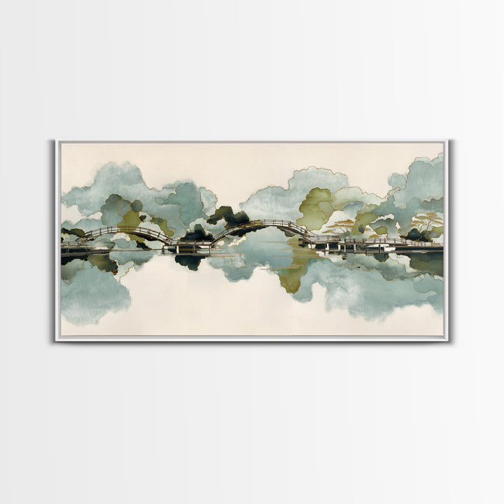 Japanese Garden Bridge Implied Through Shapes Framed Canvas Print, Zen Art, Art Print, Living Room Decor, Watercolor Art, Zen, ZEN-2x1-10