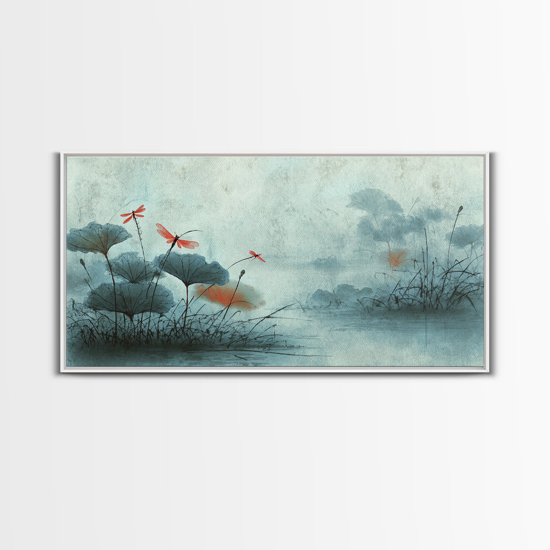 Dragonfly over Lotus Pond Framed Canvas Print, Zen Art, Room Decor, Living Room Decor, Fine Art, Zen, Canvas Wall Art, ZEN-2x1-12