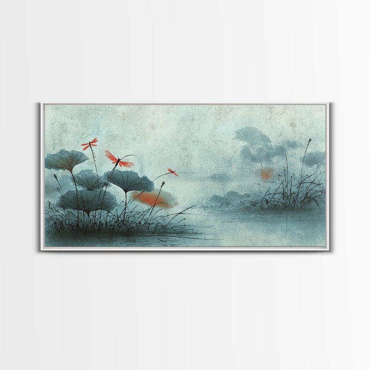 Dragonfly over Lotus Pond Framed Canvas Print, Zen Art, Room Decor, Living Room Decor, Fine Art, Zen, Canvas Wall Art, ZEN-2x1-12