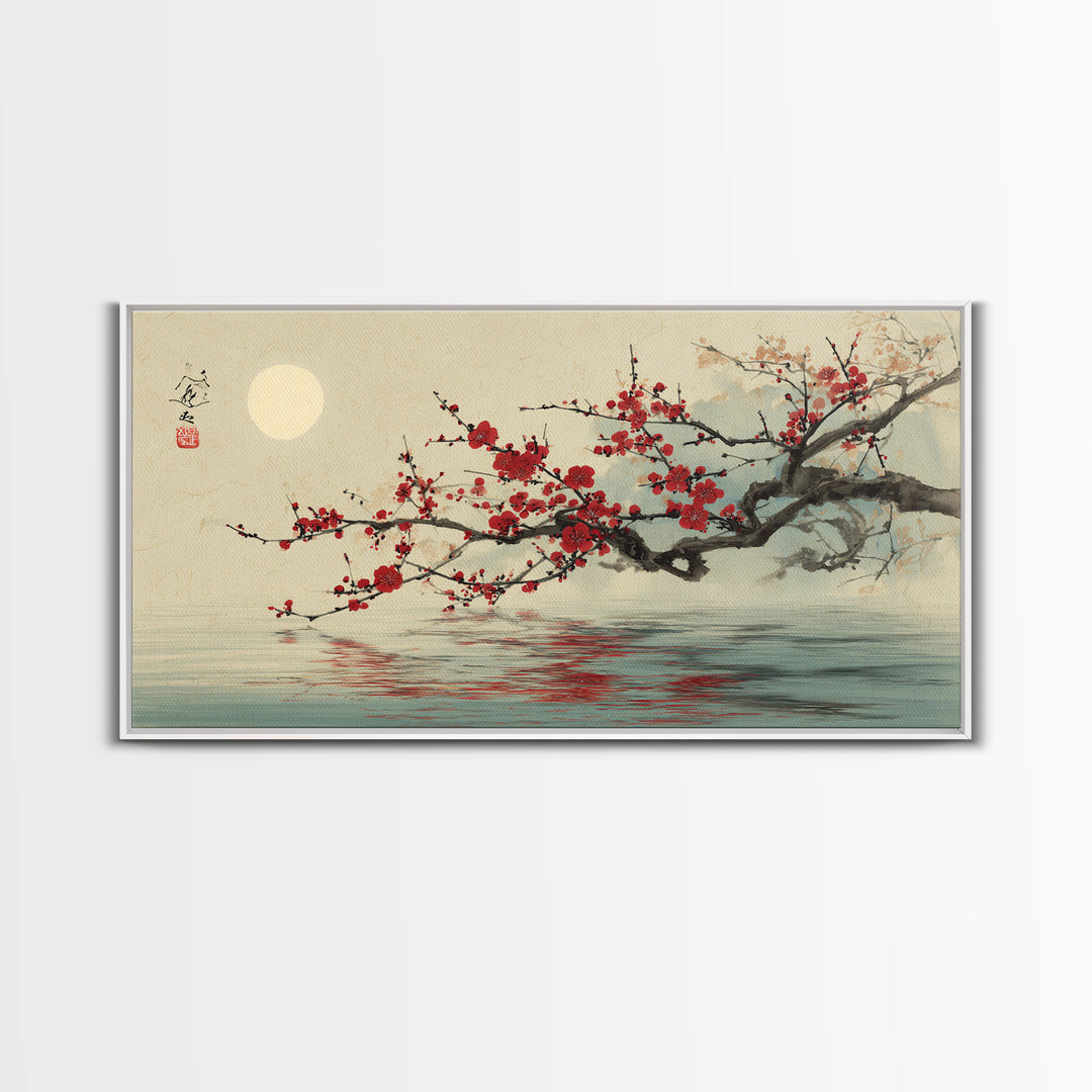 Black Branch with One Red Blossom Framed Canvas Print, Zen Art, Japanese Wall Art, Living Room Decor, Watercolor Art, Zen, ZEN-2x1-29
