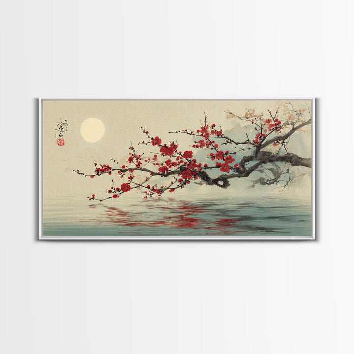 Black Branch with One Red Blossom Framed Canvas Print, Zen Art, Japanese Wall Art, Living Room Decor, Watercolor Art, Zen, ZEN-2x1-29