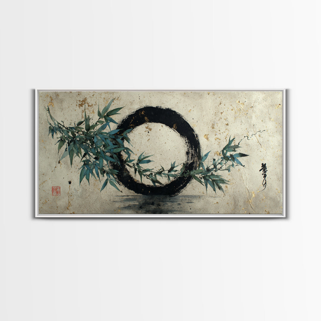 Single Black Ens Circle on Warm Paper Framed Canvas Print, Zen Art, Japandi Wall Art, Living Room Decor, Fine Art, Zen, ZEN-2x1-45
