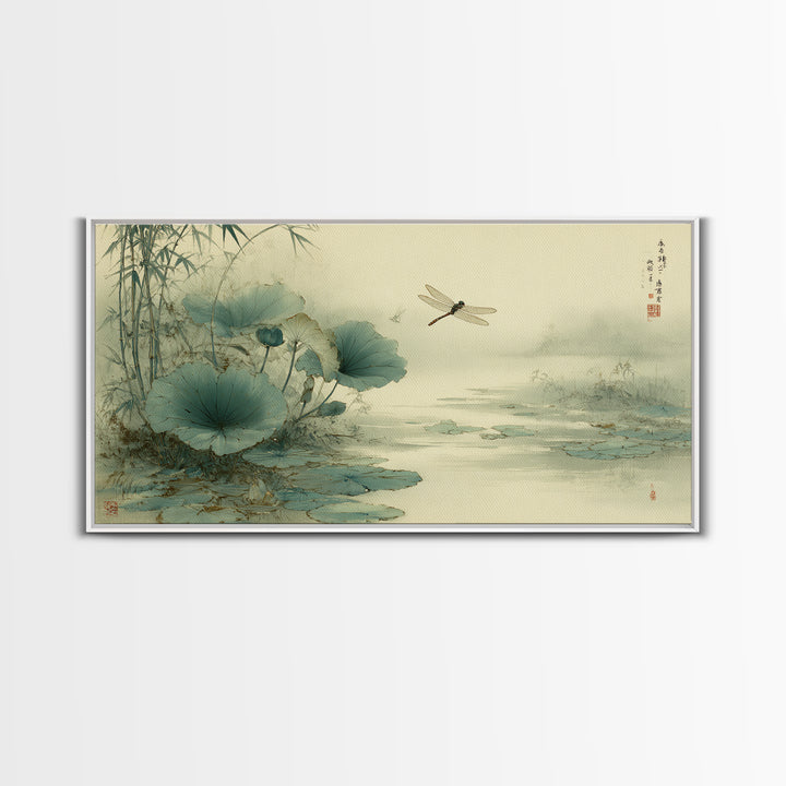 Dragonfly over Lotus Pond Framed Canvas Print, Zen Art, Large Wall Art, Living Room Decor, Oil Painting, Zen, Beach Decor, ZEN-2x1-60