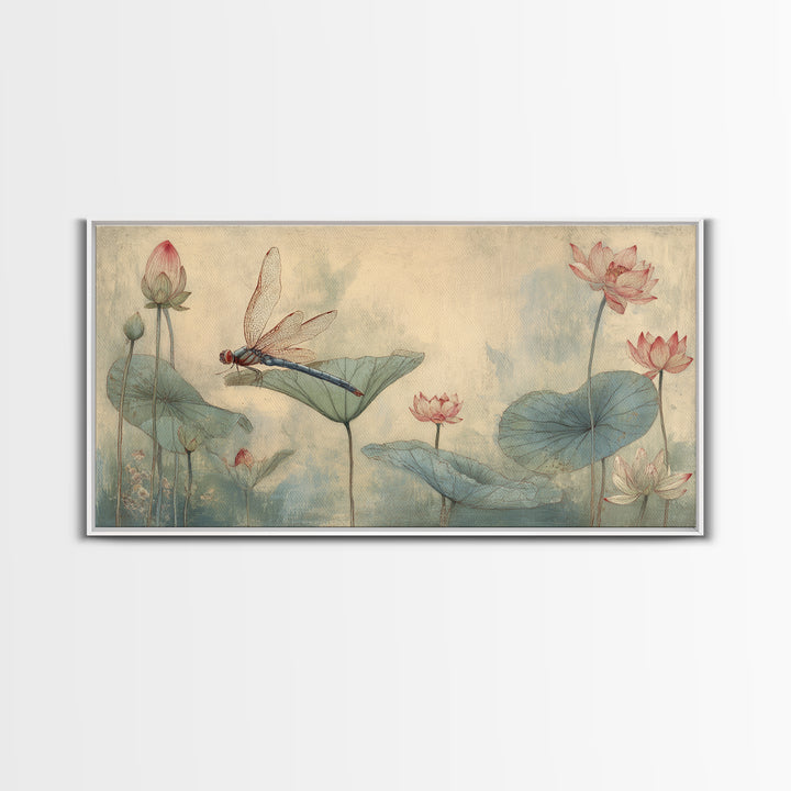 Dragonfly over Lotus Pond Framed Canvas Print, Zen Art, Japandi Wall Art, Living Room Decor, Fine Art, Zen, Neutral Decor, ZEN-2x1-84